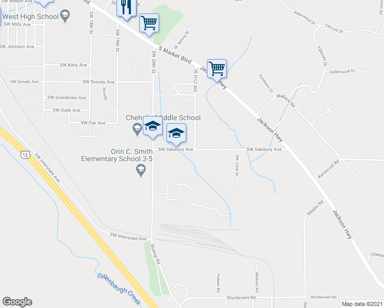 map of restaurants, bars, coffee shops, grocery stores, and more near 2095 Southwest Salsbury Avenue in Chehalis