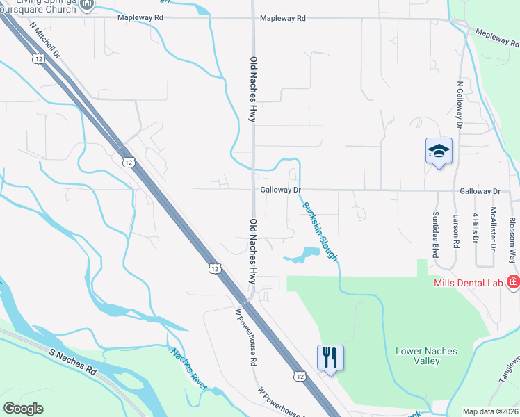 map of restaurants, bars, coffee shops, grocery stores, and more near 320 Old Naches Highway in Yakima