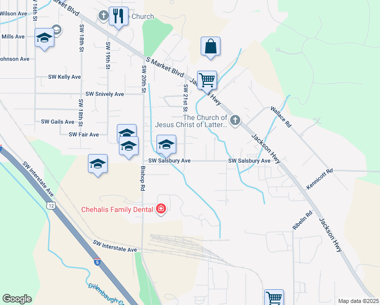 map of restaurants, bars, coffee shops, grocery stores, and more near 2095 Southwest Salsbury Avenue in Chehalis