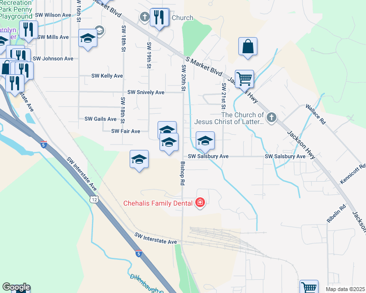 map of restaurants, bars, coffee shops, grocery stores, and more near 1060 Southwest 20th Street in Chehalis