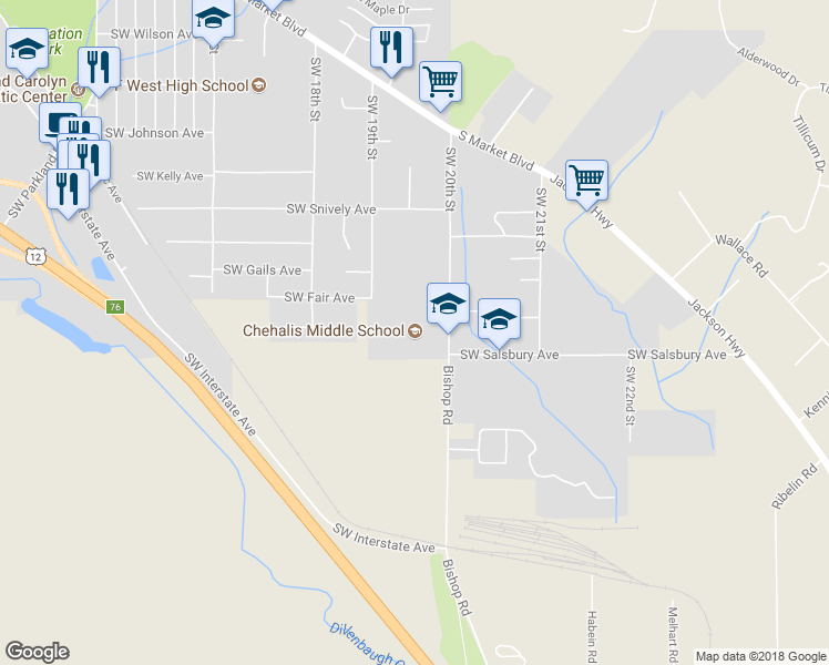 map of restaurants, bars, coffee shops, grocery stores, and more near 1060 Southwest 20th Street in Chehalis