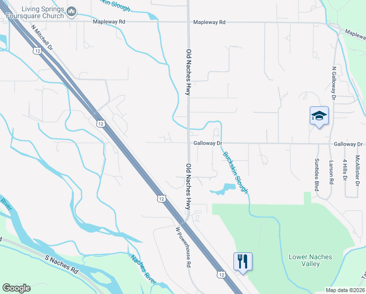 map of restaurants, bars, coffee shops, grocery stores, and more near 320 Old Naches Highway in Yakima