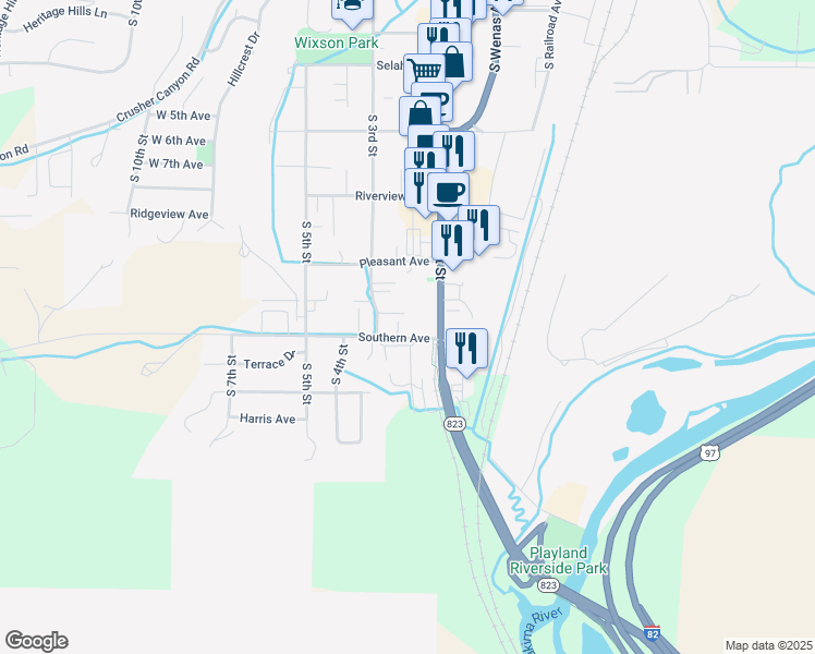 map of restaurants, bars, coffee shops, grocery stores, and more near 201 Southern Avenue in Selah
