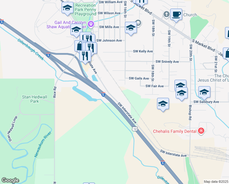 map of restaurants, bars, coffee shops, grocery stores, and more near 1001 Southwest Interstate Avenue in Chehalis