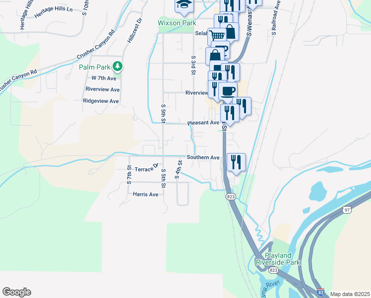 map of restaurants, bars, coffee shops, grocery stores, and more near 612 South 3rd Street in Selah