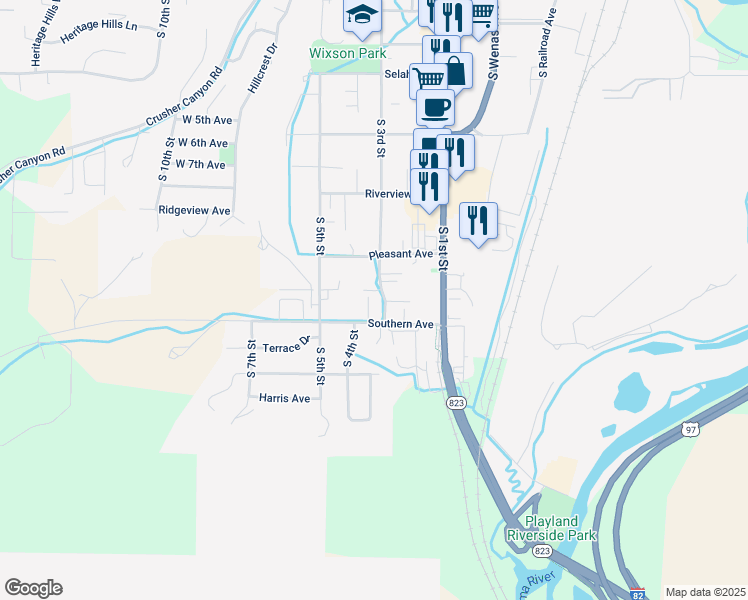 map of restaurants, bars, coffee shops, grocery stores, and more near 612 South 3rd Street in Selah