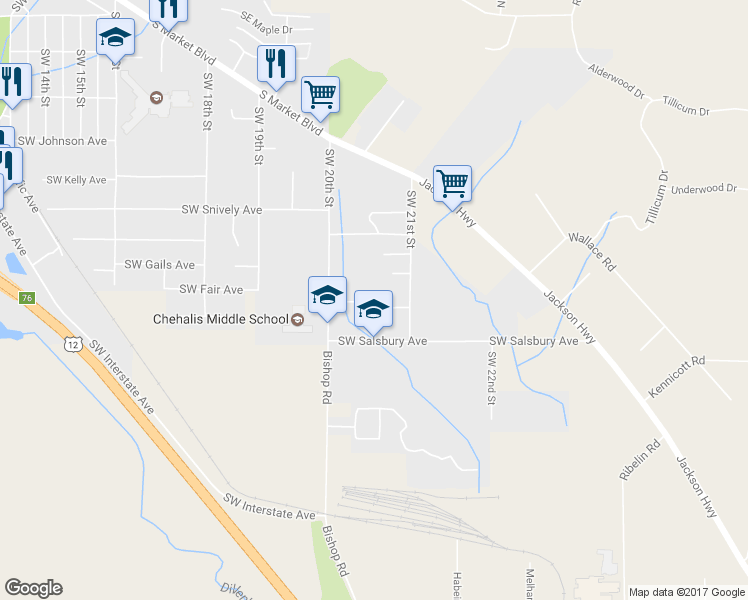 map of restaurants, bars, coffee shops, grocery stores, and more near 2050 Southwest Cordoba Court in Chehalis