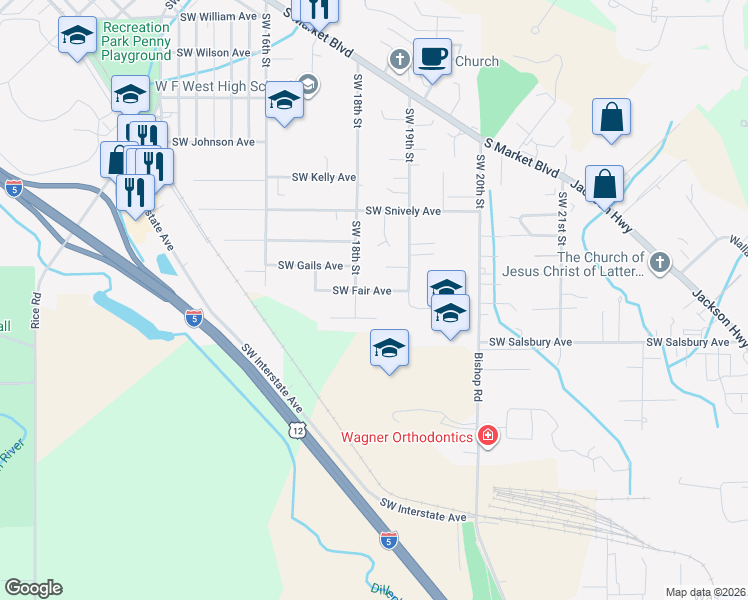 map of restaurants, bars, coffee shops, grocery stores, and more near 1845 Southwest Fair Avenue in Chehalis