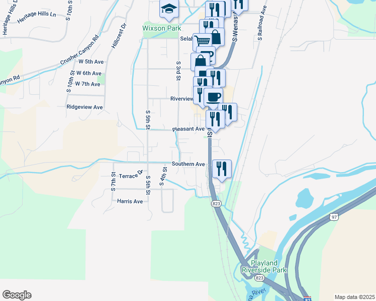 map of restaurants, bars, coffee shops, grocery stores, and more near 615 South 3rd Street in Selah