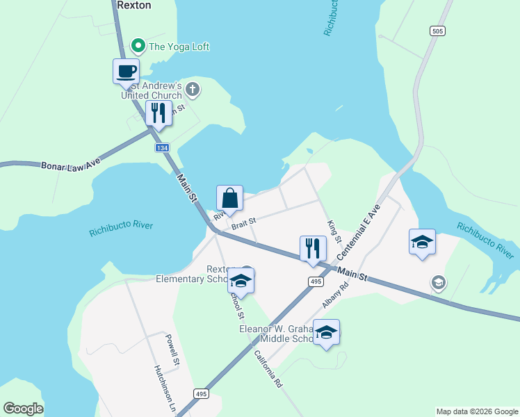 map of restaurants, bars, coffee shops, grocery stores, and more near 23 Brait Street in Rexton
