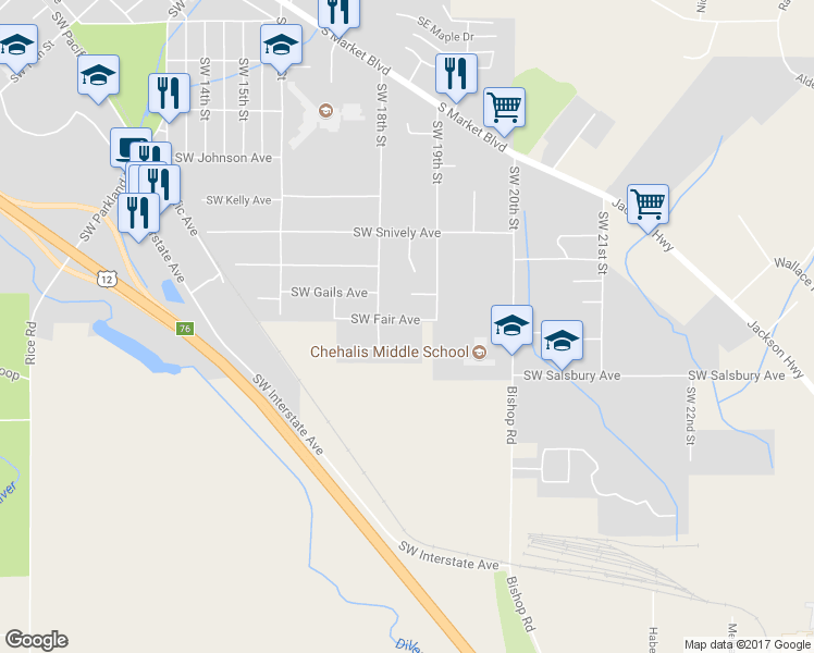 map of restaurants, bars, coffee shops, grocery stores, and more near 1845 Southwest Fair Avenue in Chehalis