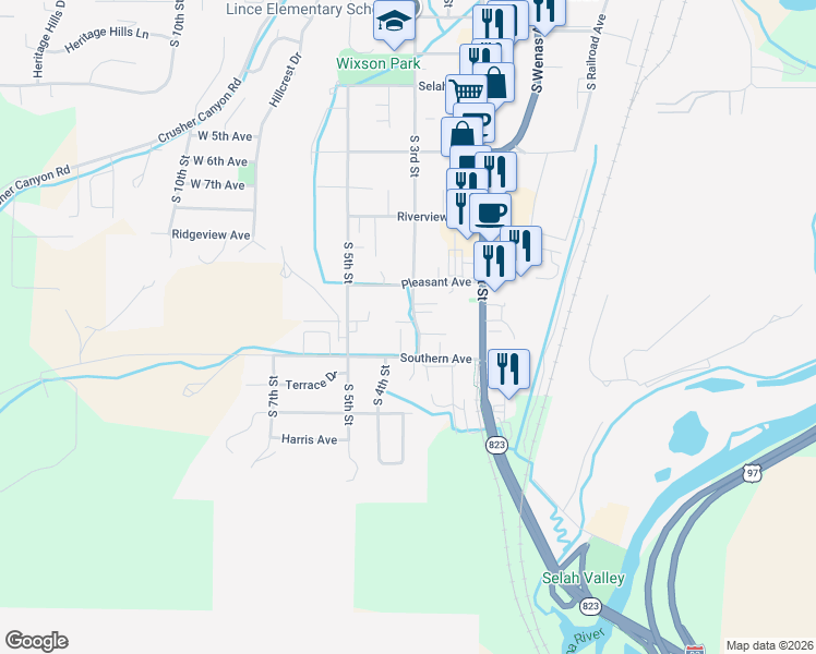 map of restaurants, bars, coffee shops, grocery stores, and more near 612 South 3rd Street in Selah