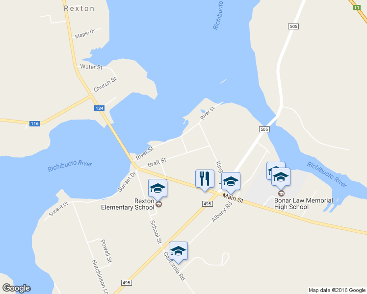map of restaurants, bars, coffee shops, grocery stores, and more near 3 York Street in Rexton