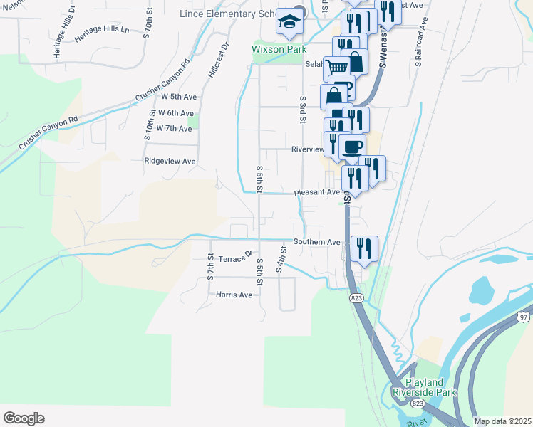 map of restaurants, bars, coffee shops, grocery stores, and more near 613 South 5th Street in Selah