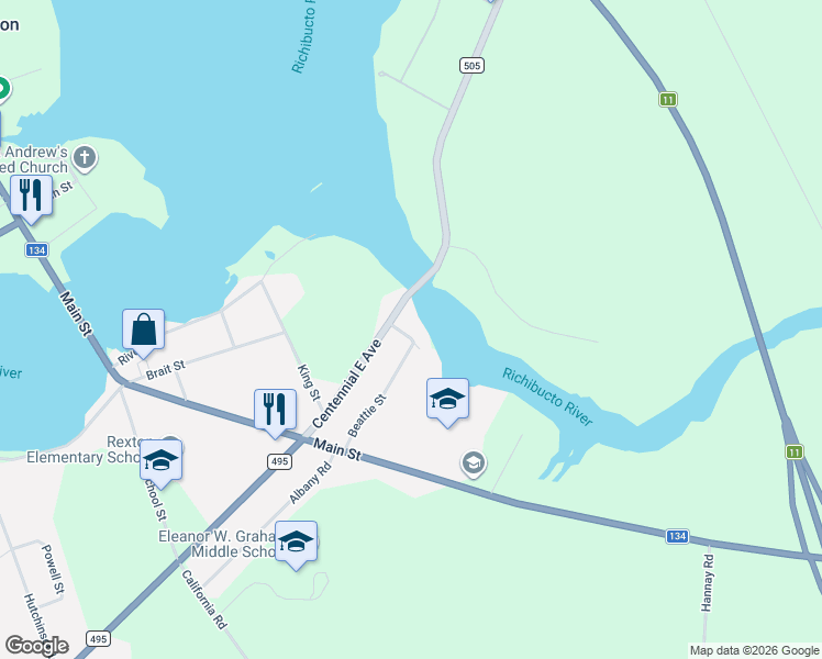 map of restaurants, bars, coffee shops, grocery stores, and more near 26 Beattie Street in Rexton