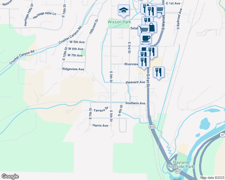 map of restaurants, bars, coffee shops, grocery stores, and more near 611 South 5th Street in Selah