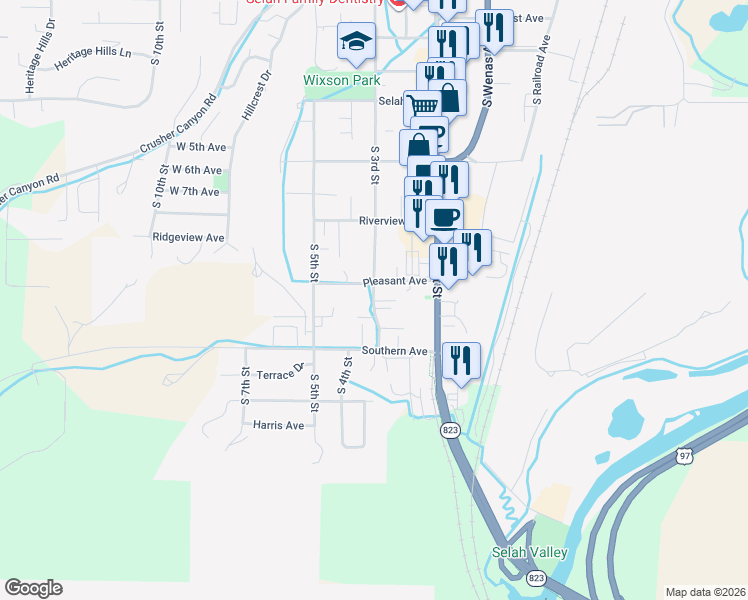 map of restaurants, bars, coffee shops, grocery stores, and more near 615 South 3rd Street in Selah