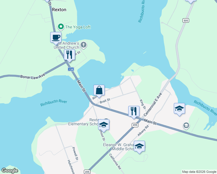 map of restaurants, bars, coffee shops, grocery stores, and more near 23 Brait Street in Rexton