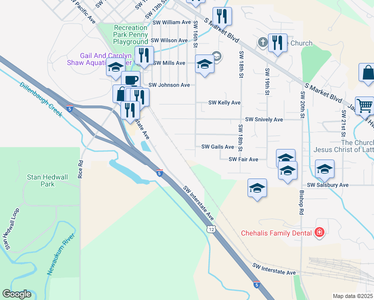 map of restaurants, bars, coffee shops, grocery stores, and more near 1001 Southwest Interstate Avenue in Chehalis