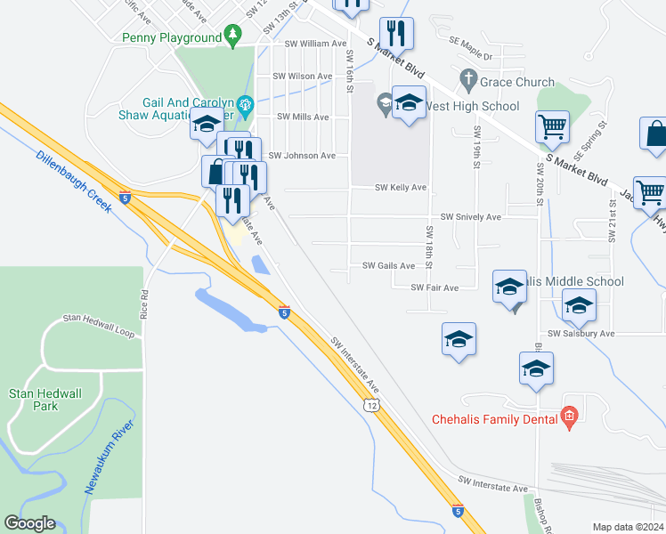 map of restaurants, bars, coffee shops, grocery stores, and more near 1582 Southwest Thompson Avenue in Chehalis