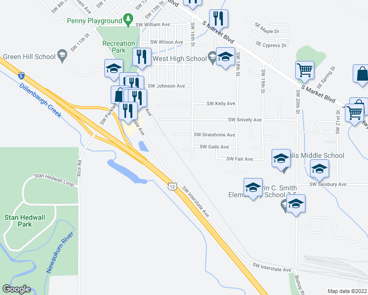 map of restaurants, bars, coffee shops, grocery stores, and more near 1584 Southwest Thompson Avenue in Chehalis