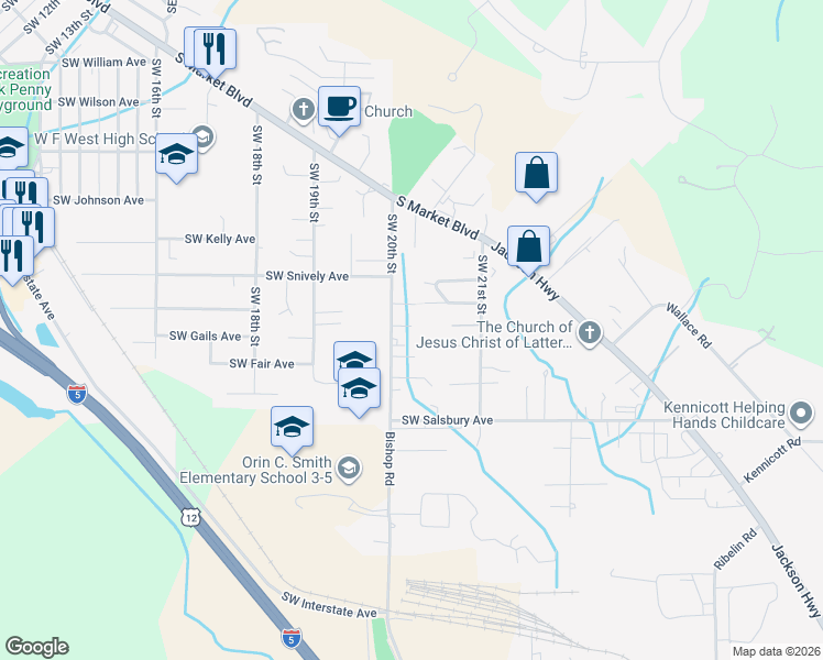 map of restaurants, bars, coffee shops, grocery stores, and more near 803 Southwest 20th Street in Chehalis