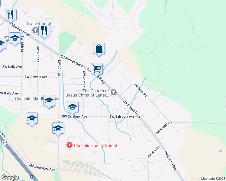 map of restaurants, bars, coffee shops, grocery stores, and more near Jackson Highway in Chehalis