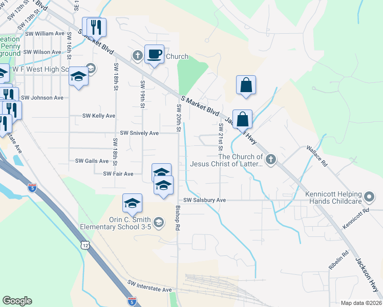 map of restaurants, bars, coffee shops, grocery stores, and more near 2137 Southwest Olympic Drive in Chehalis
