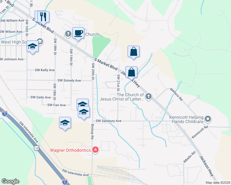 map of restaurants, bars, coffee shops, grocery stores, and more near 819 Southwest 21st Street in Chehalis