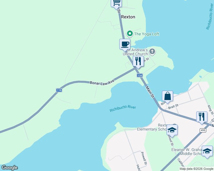 map of restaurants, bars, coffee shops, grocery stores, and more near 21 New Brunswick 116 in Rexton