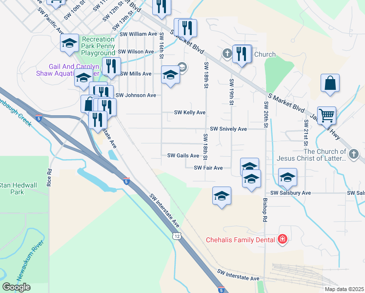 map of restaurants, bars, coffee shops, grocery stores, and more near 1691 Southwest Grandview Avenue in Chehalis