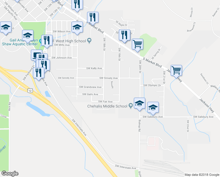 map of restaurants, bars, coffee shops, grocery stores, and more near 1851 Southwest Snively Avenue in Chehalis