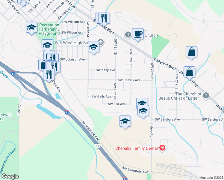 map of restaurants, bars, coffee shops, grocery stores, and more near 1783 Southwest Grandview Avenue in Chehalis