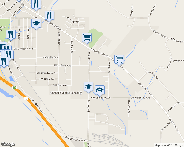 map of restaurants, bars, coffee shops, grocery stores, and more near 803 Southwest 20th Street in Chehalis