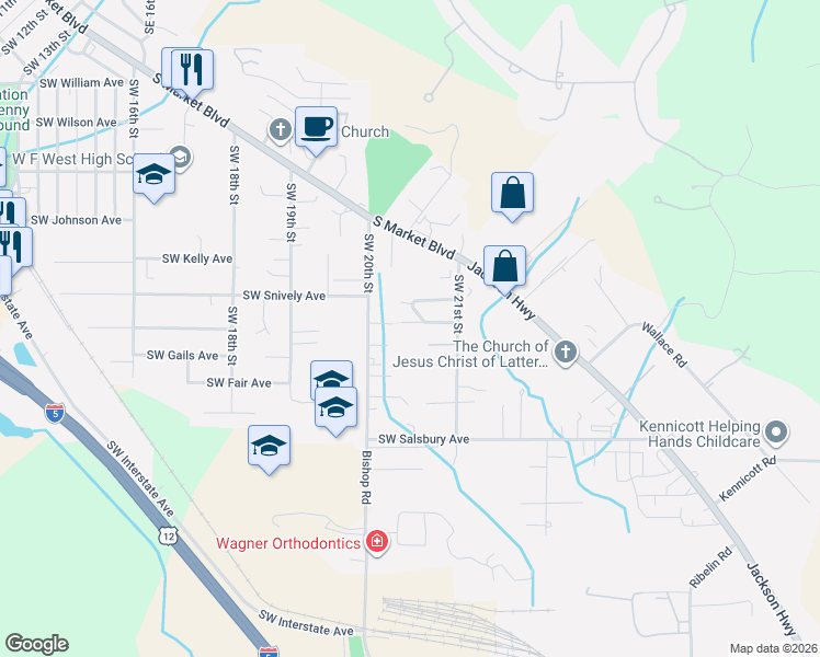 map of restaurants, bars, coffee shops, grocery stores, and more near 2137 Southwest Olympic Drive in Chehalis