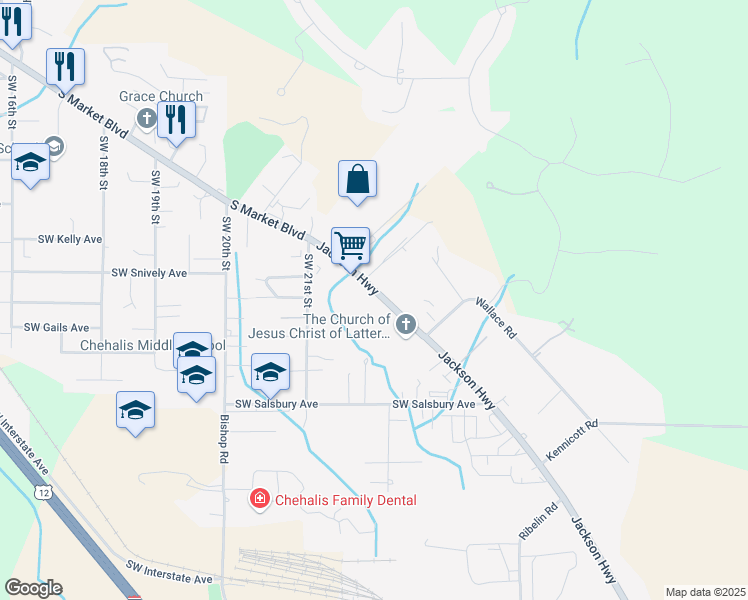 map of restaurants, bars, coffee shops, grocery stores, and more near 2161 Jackson Highway in Chehalis