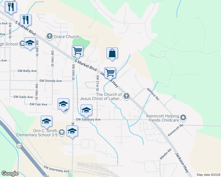 map of restaurants, bars, coffee shops, grocery stores, and more near 2153 Jackson Highway in Chehalis