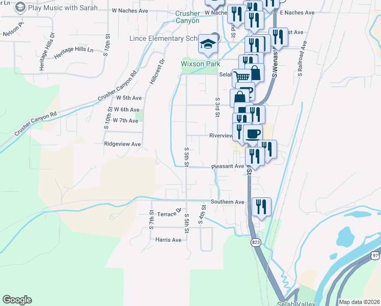 map of restaurants, bars, coffee shops, grocery stores, and more near 406 Laurel Place in Selah