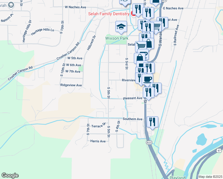 map of restaurants, bars, coffee shops, grocery stores, and more near 408 Laurel Place in Selah
