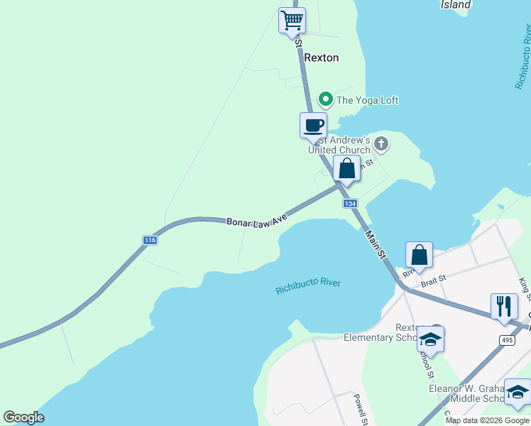 map of restaurants, bars, coffee shops, grocery stores, and more near 21 New Brunswick 116 in Rexton