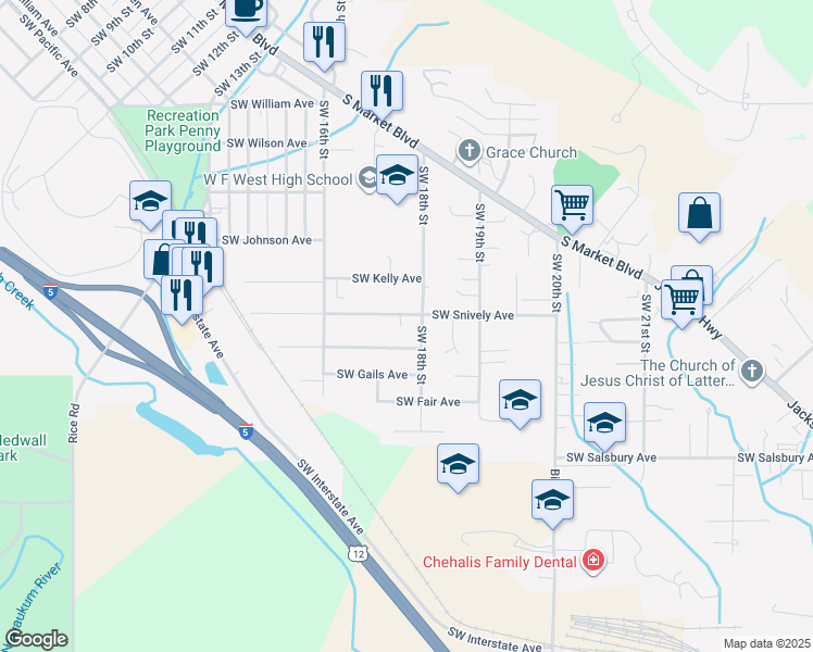 map of restaurants, bars, coffee shops, grocery stores, and more near 1783 Southwest Grandview Avenue in Chehalis