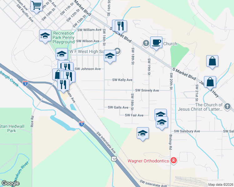 map of restaurants, bars, coffee shops, grocery stores, and more near 1691 Southwest Grandview Avenue in Chehalis