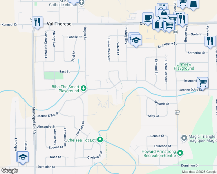 map of restaurants, bars, coffee shops, grocery stores, and more near 1318 Jeanne D'Arc Street in Val Therese