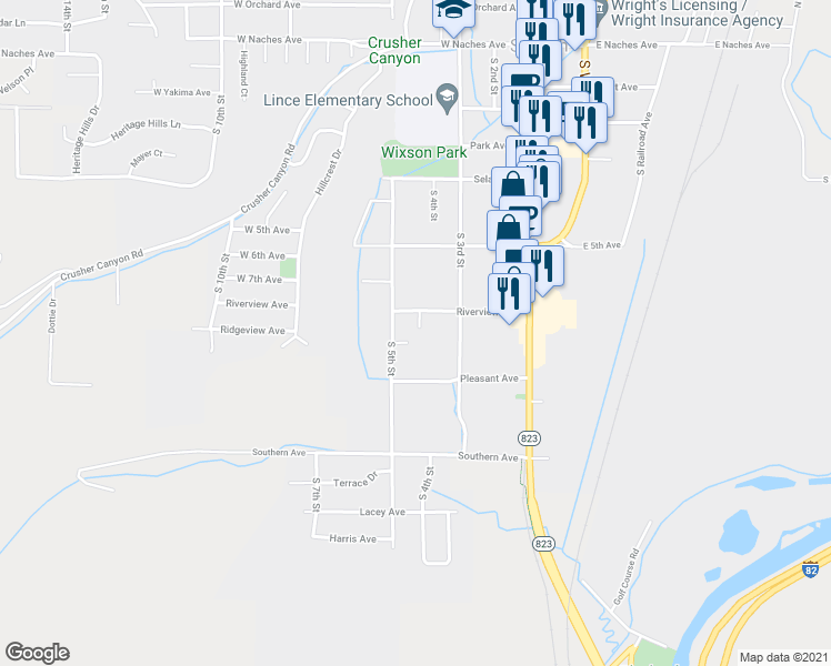 map of restaurants, bars, coffee shops, grocery stores, and more near 401 Laurel View Street in Selah
