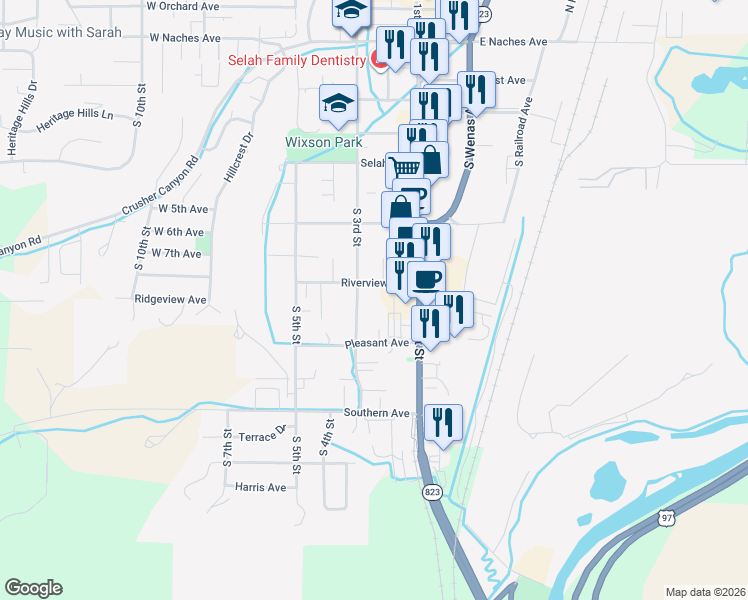 map of restaurants, bars, coffee shops, grocery stores, and more near 203 Riverview Avenue in Selah