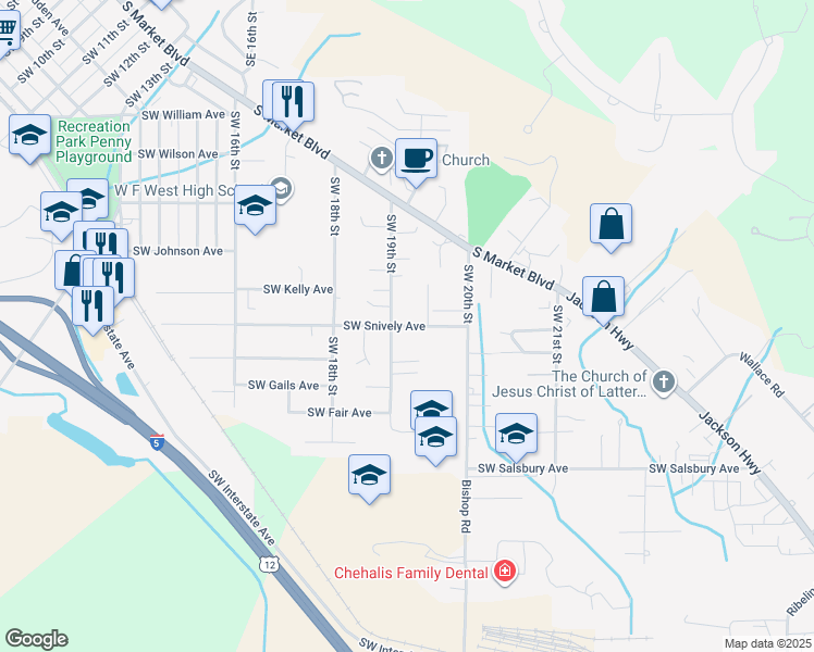map of restaurants, bars, coffee shops, grocery stores, and more near 638 Southwest 19th Street in Chehalis