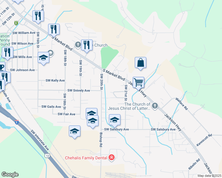 map of restaurants, bars, coffee shops, grocery stores, and more near 671 Southwest 20th Street in Chehalis