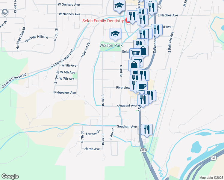 map of restaurants, bars, coffee shops, grocery stores, and more near 305c Riverview Avenue in Selah