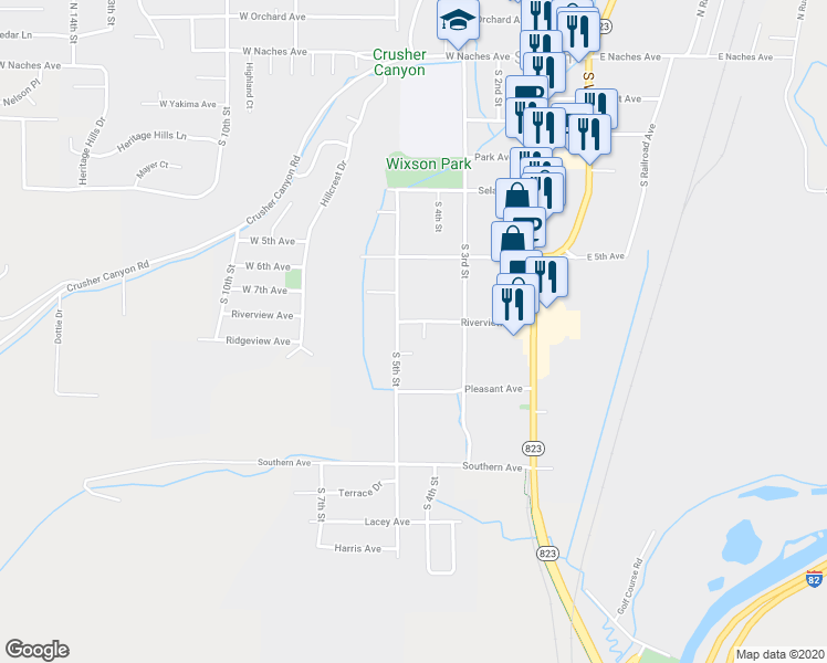 map of restaurants, bars, coffee shops, grocery stores, and more near 407 Riverview Avenue in Selah