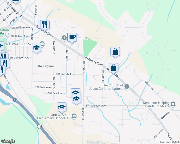 map of restaurants, bars, coffee shops, grocery stores, and more near 673 Southwest 20th Street in Chehalis